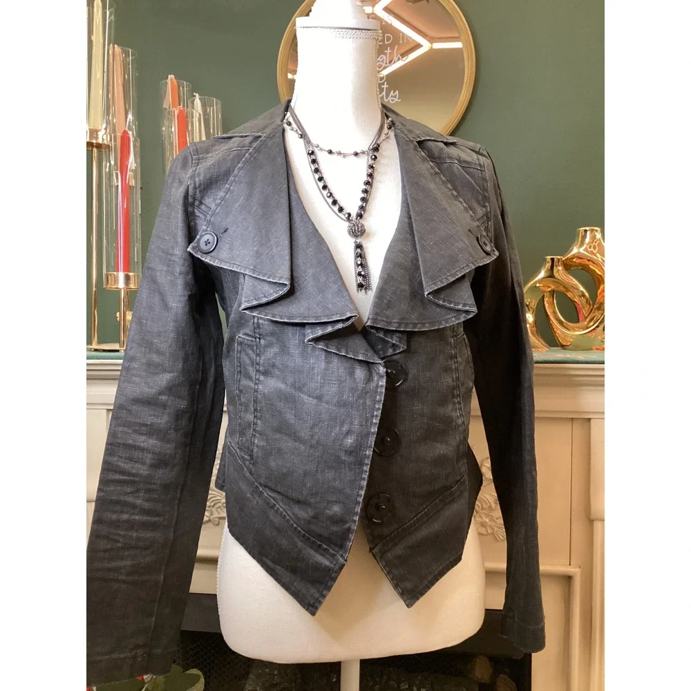 Cabi Linen Jacket XS Charcoal Grey Asymmetrical Ruffle Style 901 Blazer - Picture 1 of 5